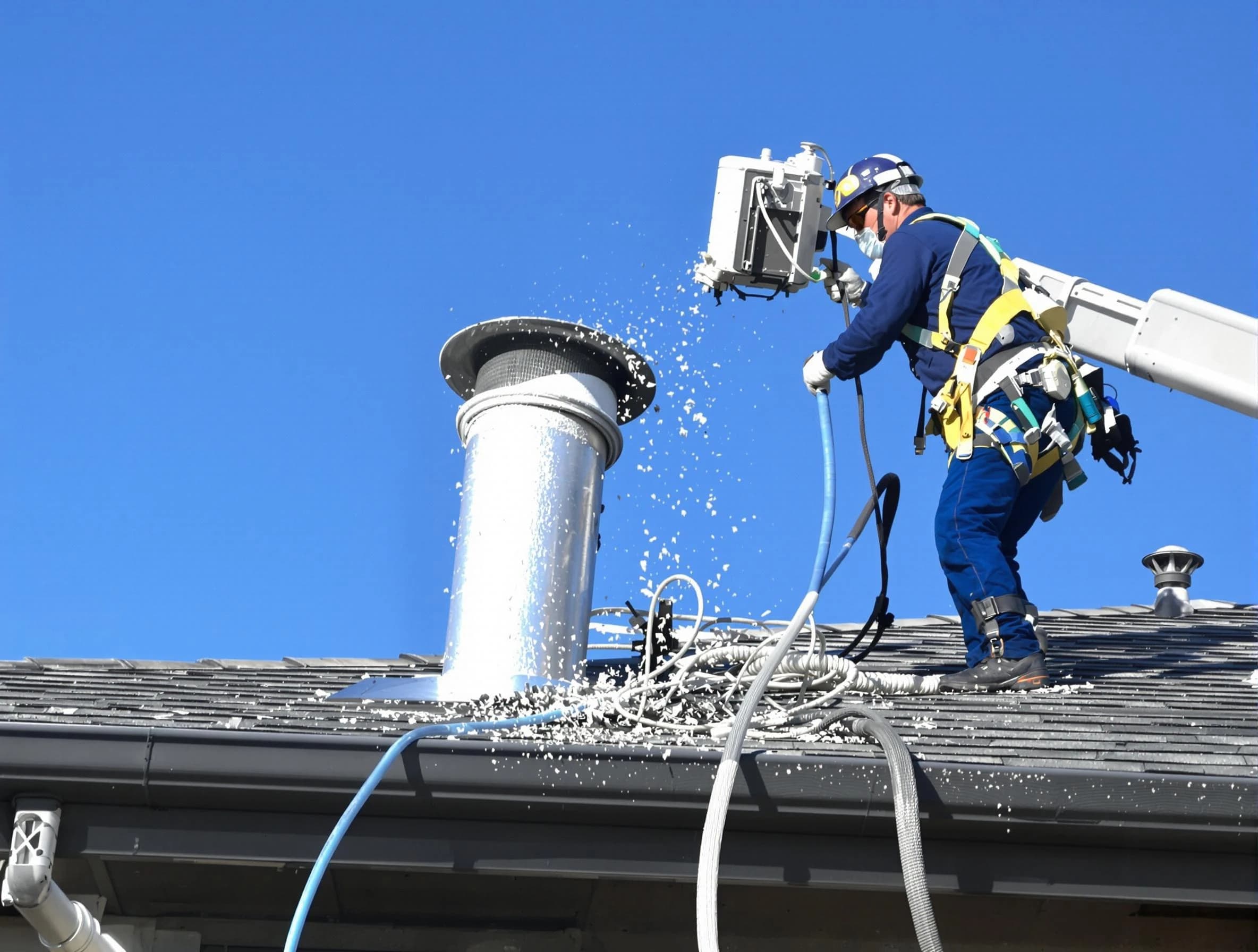 West Jordan Dryer Vent Cleaning certified technician safely cleaning a roof-mounted dryer vent in West Jordan