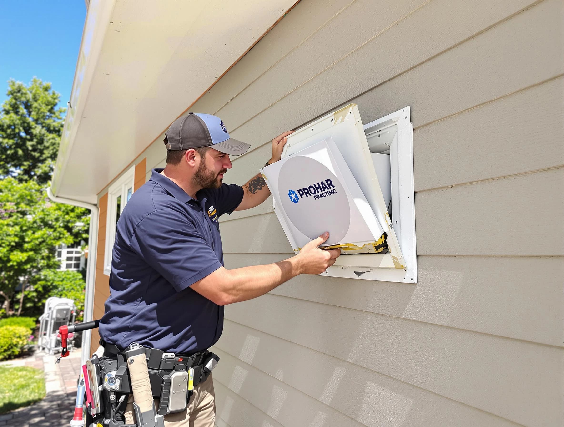 West Jordan Dryer Vent Cleaning technician installing a new protective dryer vent cover on a home in West Jordan