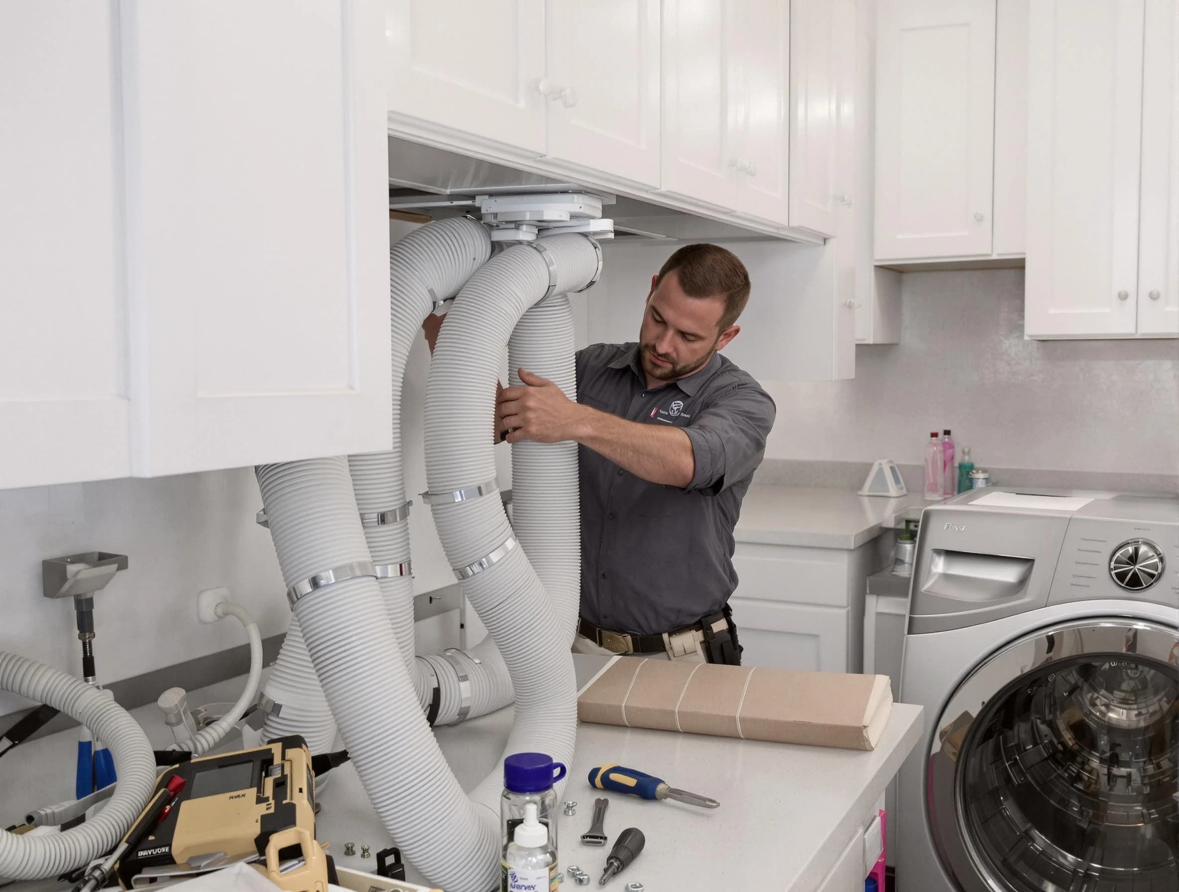 West Jordan Dryer Vent Cleaning technician installing a new professional-grade dryer vent hose in West Jordan