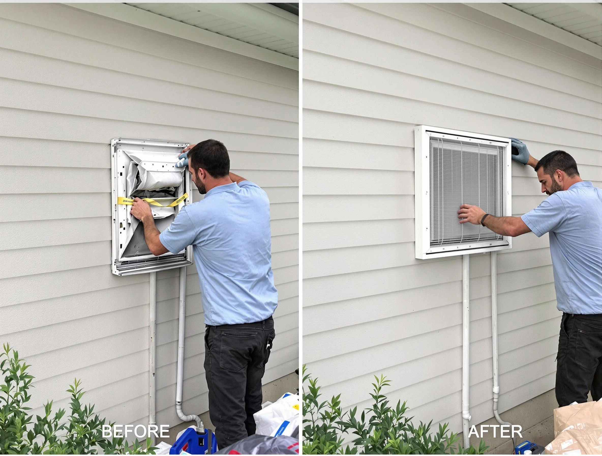 West Jordan Dryer Vent Cleaning technician installing high-quality dryer vent cover at a residential property in West Jordan